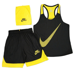 ست تاپ و شلوارک و اسکارف ورزشی مردانه طرح نایک کد 1592 رنگ مشکی زرد