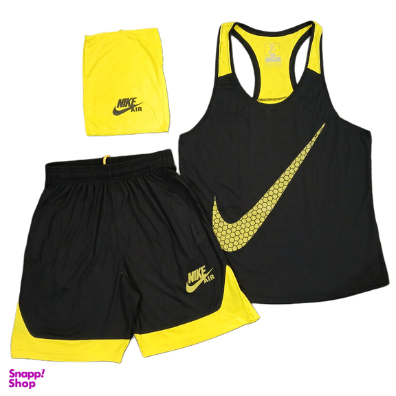 ست تاپ و شلوارک و اسکارف ورزشی مردانه طرح نایک کد 1592 رنگ مشکی زرد