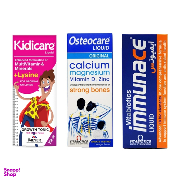 پک شربت استئوکر و شربت ایمونیس ویتابیوتیکس و شربت کیدی کر شرکت میر مجموعه 3 عددی