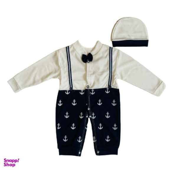 ست سرهمی و کلاه نوزاد مدل پسر بازیگوش کد 2514 رنگ سفید مشکی