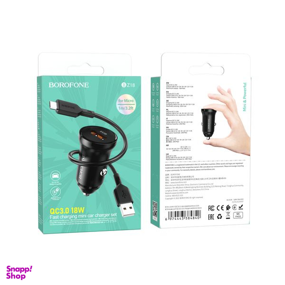شارژر فندکی بروفون مدل BZ18 QC3.0 18W به همراه کابل تبدیل MicroUSB