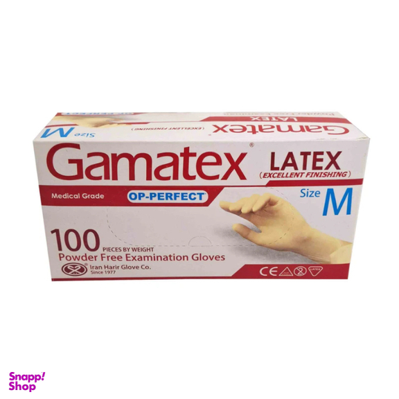 دستکش لاتکس حریر مدل بدون پودر گاماتکس سایز مدیوم بسته ۱۰۰ عددی