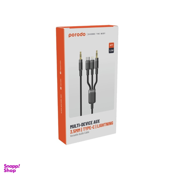 کابل تبدیل Jack 3.5mm به Type-C/Jack 3.5mm/Lightning پورودو مدل PD-AUX3N1-BK طول 1.2 متر