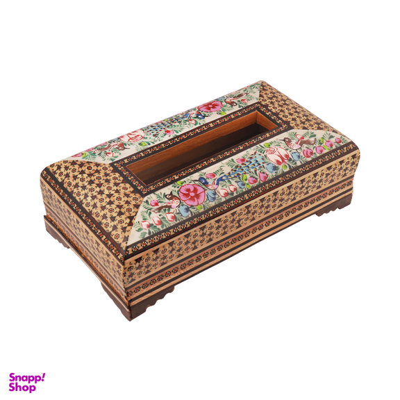 جعبه دستمال کاغذی خاتم کاری مدل چوبی نقاشی گل و مرغ کد 20