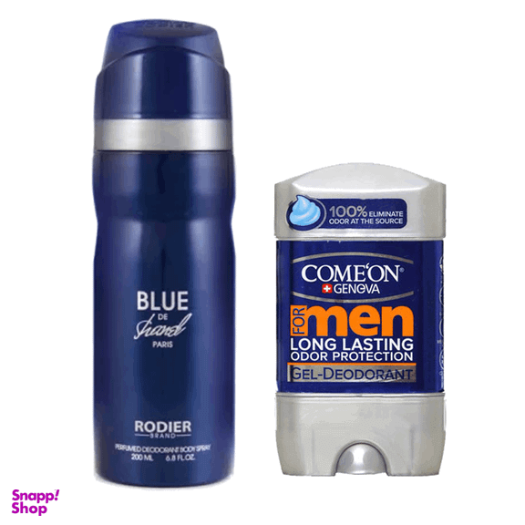 اسپری ضد تعریق مردانه رودیر مدل Blue The Chanel به همراه استیک ضد تعریق مردانه کامان مدل Long Lasting مجموعه 2 عددی