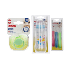 شیشه شیر بیبی لند مدل 241 حجم 200 میلی لیتر به همراه قاشق بیبی لند مدل 286 و پستانک ارتودنسی بیبی لند مدل 388 مجموعه 3 عددی