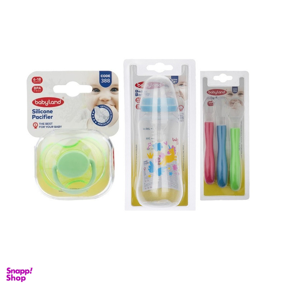 شیشه شیر بیبی لند مدل 241 حجم 200 میلی لیتر به همراه قاشق بیبی لند مدل 286 و پستانک ارتودنسی بیبی لند مدل 388 مجموعه 3 عددی