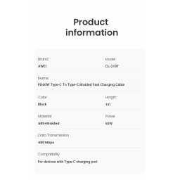 کابل دیتا USB Type-C اوی مدل CL-219T 60W طول 1 متر