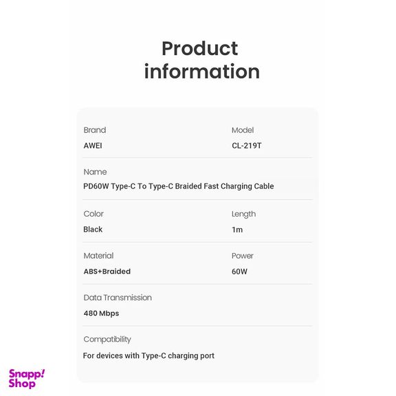 کابل دیتا USB Type-C اوی مدل CL-219T 60W طول 1 متر