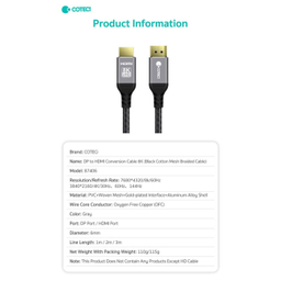 کابل Display Port به HDMI کوتتسی مدل 87406 طول 3 متر