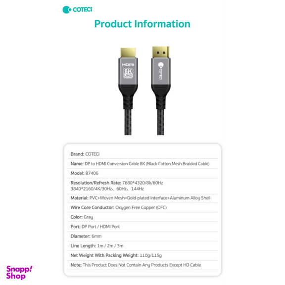 کابل Display Port به HDMI کوتتسی مدل 87406 طول 3 متر