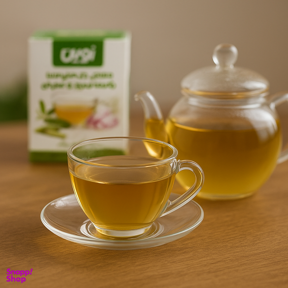 دمنوش چای سبز با علف لیمو و زعفران نوین بسته ۲۰ عددی