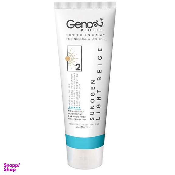 کرم ضد آفتاب SPF50 ژنوبایوتیک مدل بژ روشن مناسب پوست نرمال تا خشک حجم 50 میلی لیتر