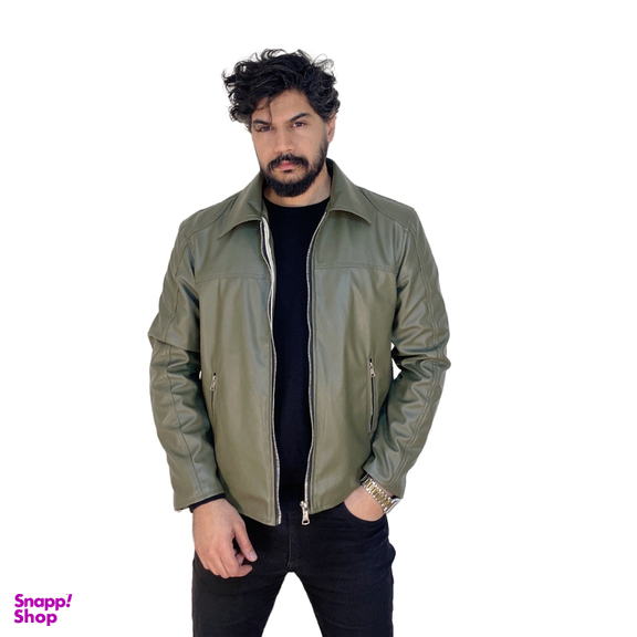 کاپشن چرم مردانه مدل کلاسیک رنگ سبز