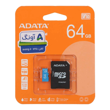 کارت حافظه microSDXC ای دیتا مدل Premier کلاس 10 استاندارد UHS-I V10 A1 سرعت 100MBps ظرفیت 64 گیگابایت به همراه آداپتور