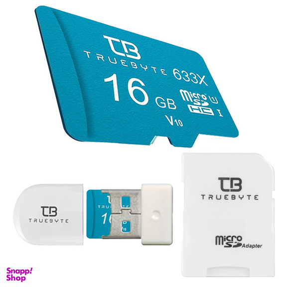 کارت حافظه MicroSDHC تروبایت مدل V10 کلاس 10 استاندارد UHS-I U1 سرعت 95MBPS ظرفیت 16 گیگابایت به همراه آداپتور SD و کارت‌خوان