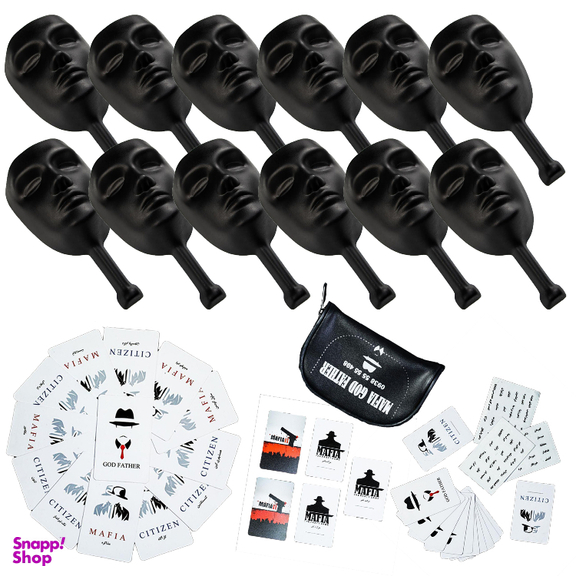 ماسک ایفای نقش مافیا مدل اشرافی بسته 12 عددی رنگ مشکی به همراه 30 کارت بازی