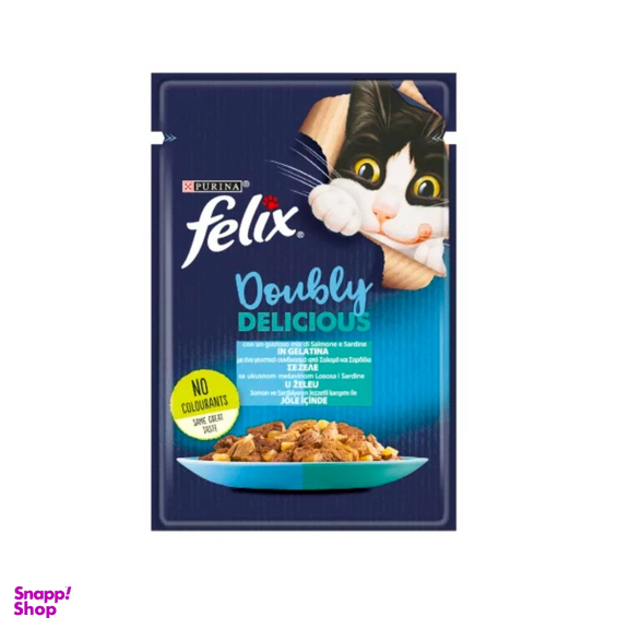 پوچ گربه فلیکس با طعم ماهی سالمون و ماهی ساردین مدل Felix Salmon & Sardine وزن 85 گرم