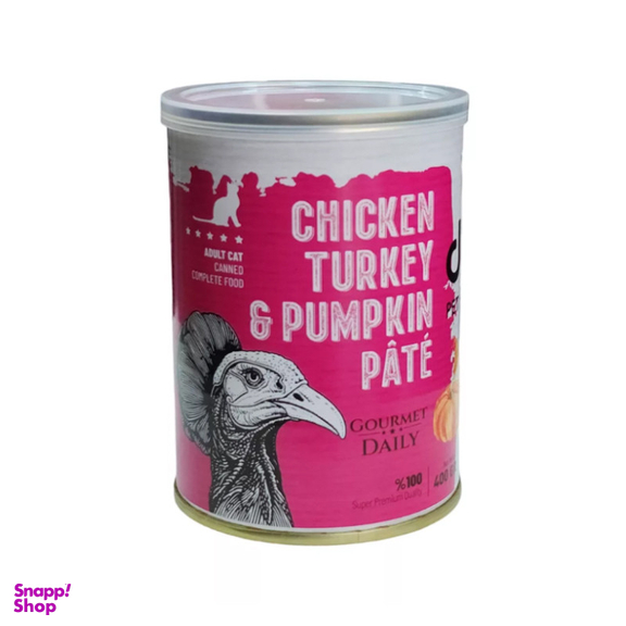 کنسرو غذای گربه بالغ دی پی اس مدل پته طعم مرغ و بوقلمون و کدو وزن 400 گرم