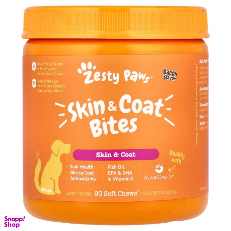 قرص مکمل پوست و مو سگ مدل Zesty Paws طعم بیکن کد 21210 بسته 90 عددی