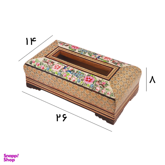جعبه دستمال کاغذی خاتم کاری مدل تخمه دار نقاشی گل و مرغ