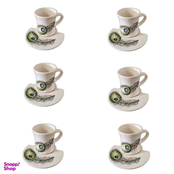 ست فنجان و نعلبکی سرامیکی طرح پر طاووس بسته ۶ عددی