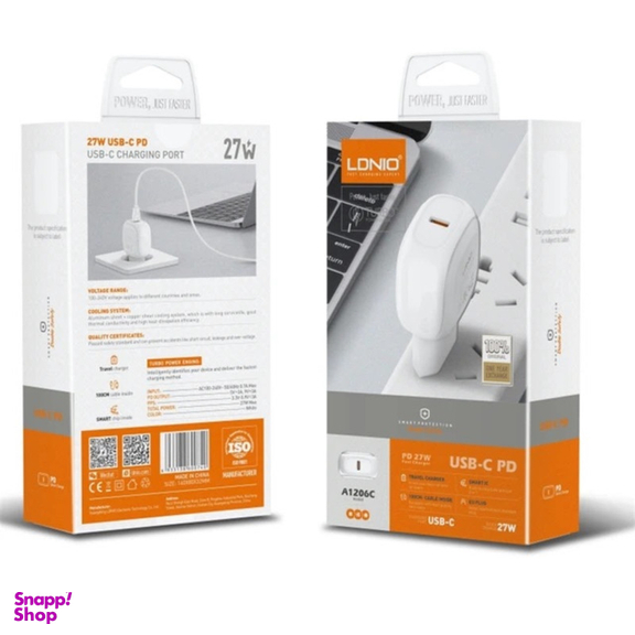 آداپتور شارژر 27 وات الدینیو مدل A1206C به همراه کابل تبدیل USB-C