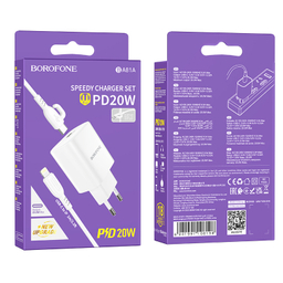 شارژر دیواری 20 وات بروفون مدل BA81A (EU) به همراه کابل Type-C به Lightning