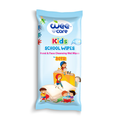 دستمال مرطوب و پاک کننده دست و صورت کودک مدرسه وی کر مدل پسرانه kids رنگ آبی بسته 12 برگی جیبی