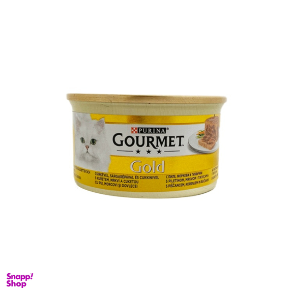 کنسرو غذای تر گربه گورمت مدل پته با تکه های مرغ و هویج و کدو سبز کد 21056 وزن 85 گرم