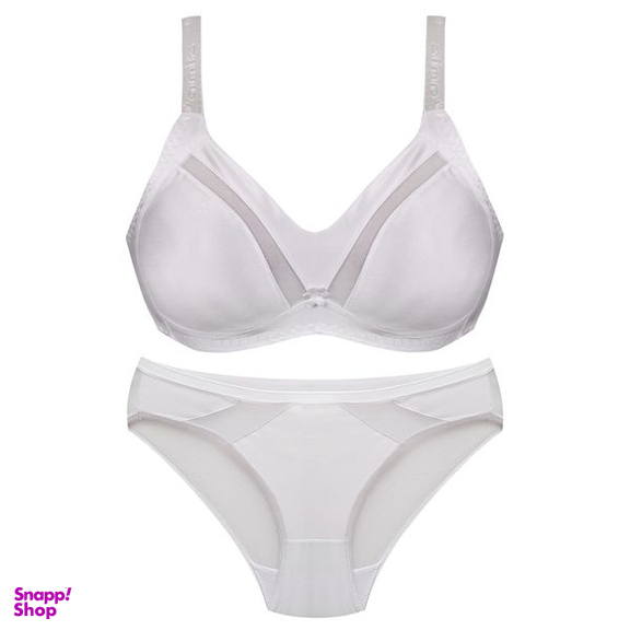 ست شورت و سوتین زنانه پانیذ مدل ساتن وسط توری بدون فنر کد 4648 رنگ سفید