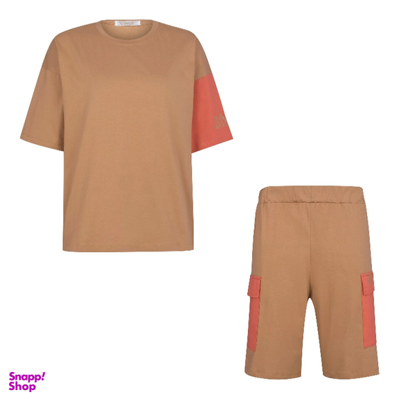 ست تیشرت و شلوارک زنانه لوینت کد 6341 رنگ کرم گلبهی