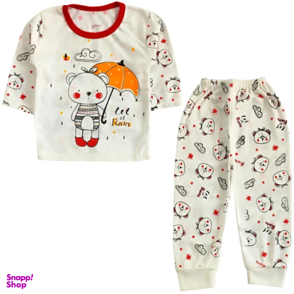 ست تیشرت آستین بلند و شلوار نوزادی مدل خرس و چتر کد 4110 رنگ سفید