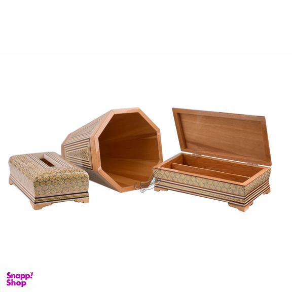 ست جعبه دستمال کاغذی و جاکاردی و سطل خاتم کاری هنرلوکس کد tp3