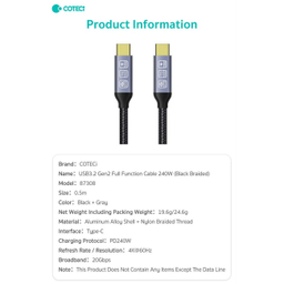 کابل فست شارژ تاندربولت دو سر Type-C کوتتسی مدل 87308 طول 1 متر