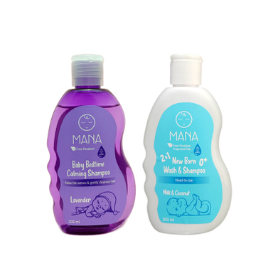 شامپو بچه سر و بدن مانا مدل پروتئین روغن نارگیل و عصاره اسطوخودوس حجم 200 میلی لیتر مجموعه 2 عددی