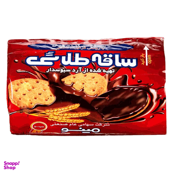 بیسکویت روکش دار شکلاتی سبوس دار ساقه طلایی مینو وزن 220 گرم