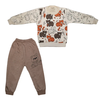 ست بلوز آستین بلند و شلوار پسرانه چیندکا مدل خرسی کد 1004 رنگ کرم قهوه ای