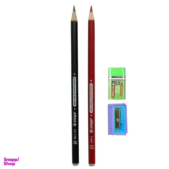 مداد آریا مدل مدرسه به همراه پاک کن و تراش مجموعه 4 عددی