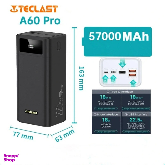 پاوربانک تکلست مدل A60 PRO-K ظرفیت 57000 میلی آمپر ساعت