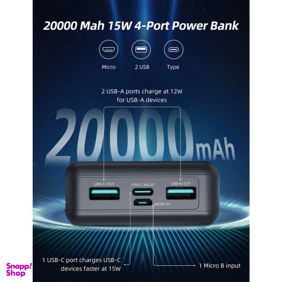 پاوربانک 15 وات راوپاور مدل RP-PB1216 ظرفیت 20000 میلی آمپر ساعت