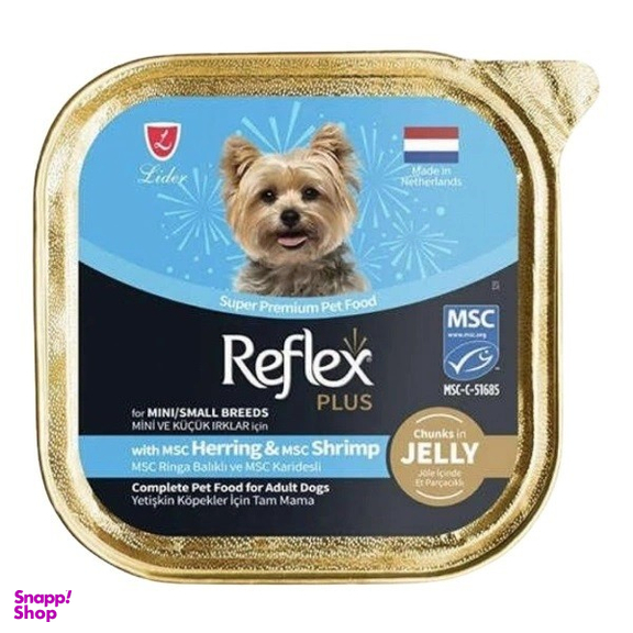 ووم سگ بالغ رفلکس پلاس طعم ماهی هرینگ و میگو چانکی در ژله وزن 85 گرم