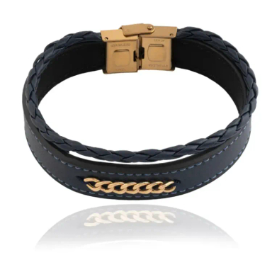 دستبند طلا 18 عیار مردانه داریم مدل چرم کارتیه رنگ سرمه ای