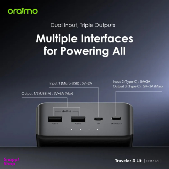 پاوربانک اورایمو مدل Traveler 3 Lit OPB-1270 ظرفیت 27000 میلی‌ آمپر ساعت