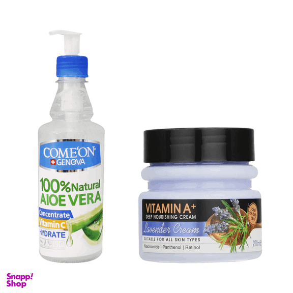 ژل آبرسان کامان مدل آلوئه ورا حجم 400 میلی لیتر به همراه کرم مرطوب کننده دافی مدل lavender حجم 270 میلی لیتر