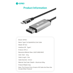 کابل تبدیل Type-C به DisplayPort کوتتسی مدل OF-014 طول 1.8 متر