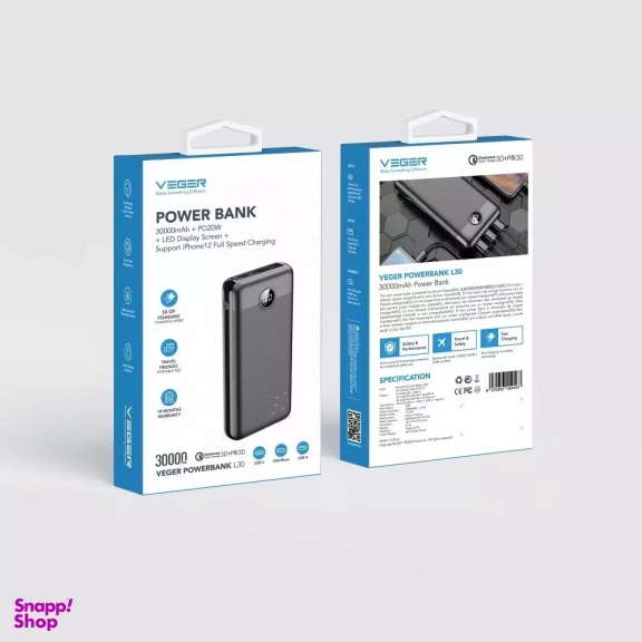 پاوربانک 20 وات وگر مدل W3008PD ظرفیت 30000 میلی آمپر