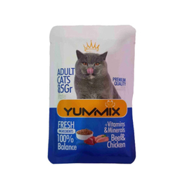 پوچ گربه بالغ یامیکس مدل پوچ گربه طعم مرغ، گوشت گاو وزن 85 گرم بسته 6 عددی