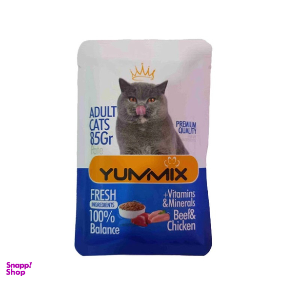 پوچ گربه بالغ یامیکس مدل پوچ گربه طعم مرغ، گوشت گاو وزن 85 گرم بسته 6 عددی