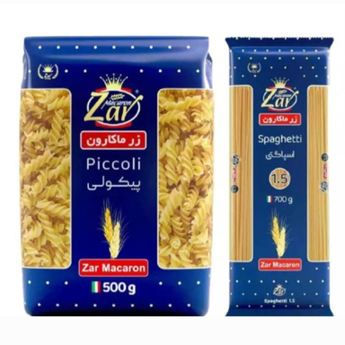 ماکارونی قطر 1.5 زرماکارون وزن 700 گرم به همراه ماکارونی پیکولی زر ماکارون وزن 500 گرم